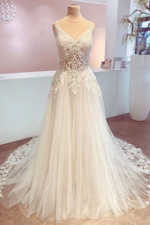 Wedding Dresses With Sleeves Lace, Romantic Long A-Line Spaghetti Straps Appliques Lace Backless Wedding Dress