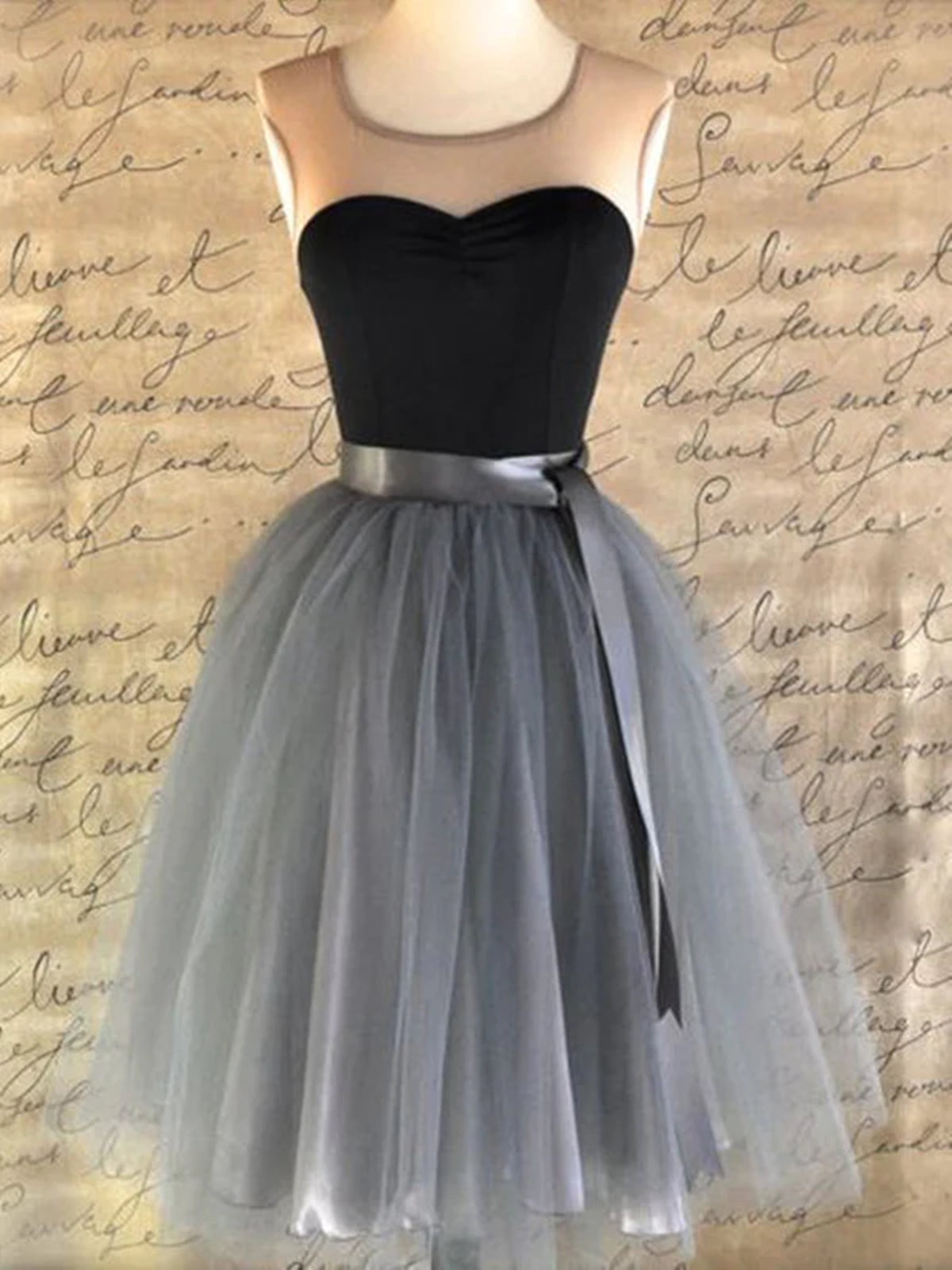 Party Dress Short Tight, Round Neck Black Gray Tulle Short Prom Dresses, Short Black Gray Graduation Homecoming Dresses
