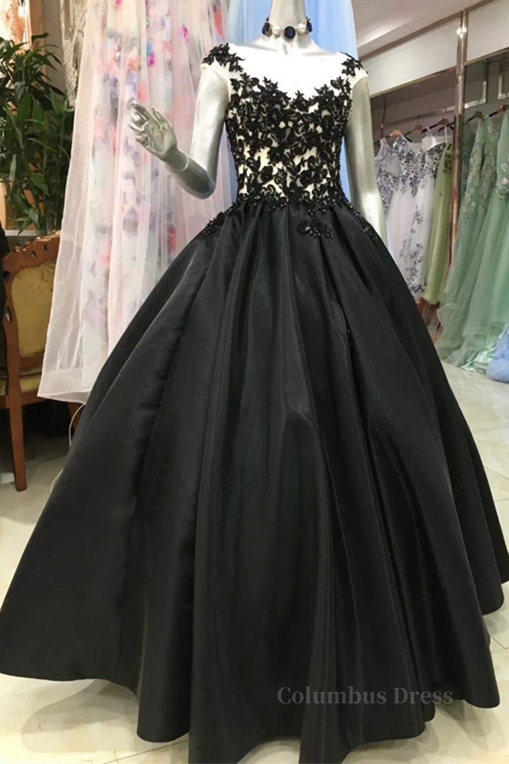 Party Dress Set, Round Neck Black Lace Floral Long Prom Dress, Black Lace Formal Dress with Appliques, Black Evening Dress