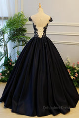 Party Dress Meaning, Round Neck Black Lace Floral Long Prom Dress, Black Lace Formal Dress with Appliques, Black Evening Dress