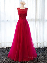 Party Dress For Wedding, Round Neck Burgundy Beaded Prom Dresses, Wine Red Beaded Formal Evening Bridesmaid Dresses