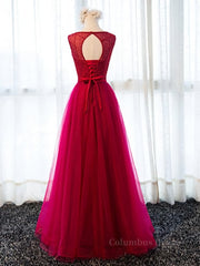 Party Dresses For Wedding, Round Neck Burgundy Beaded Prom Dresses, Wine Red Beaded Formal Evening Bridesmaid Dresses