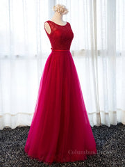 Party Dresses For Weddings, Round Neck Burgundy Beaded Prom Dresses, Wine Red Beaded Formal Evening Bridesmaid Dresses