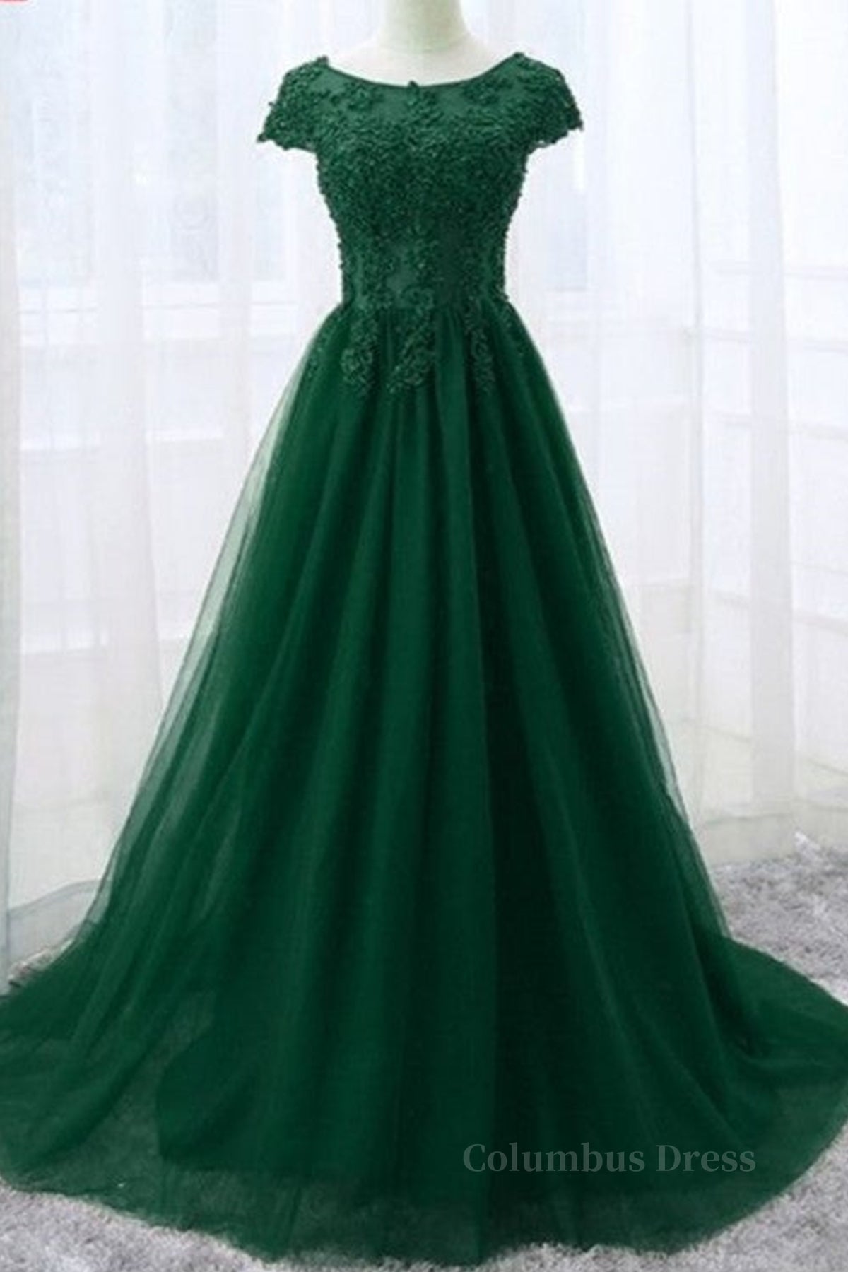 Bridesmaid Dress Shopping, Round Neck Cap Sleeves Lace Long Prom Dresses,Tulle Lace Formal Evening Dresses