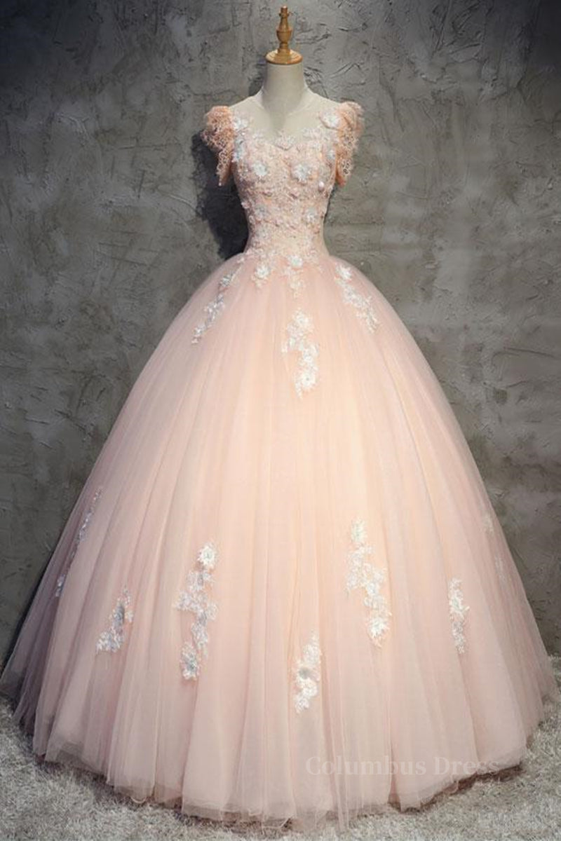 Evening Dress Italy, Round Neck Cap Sleeves Lace Pink Long Prom Dress, Pink Lace Formal Dress, Pink Evening Dress, Ball Gown
