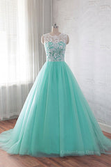 Formal Dresses Website, Round Neck Green Lace Tulle Long Prom Dresses, Green Lace Formal Dresses, Green Evening Dresses