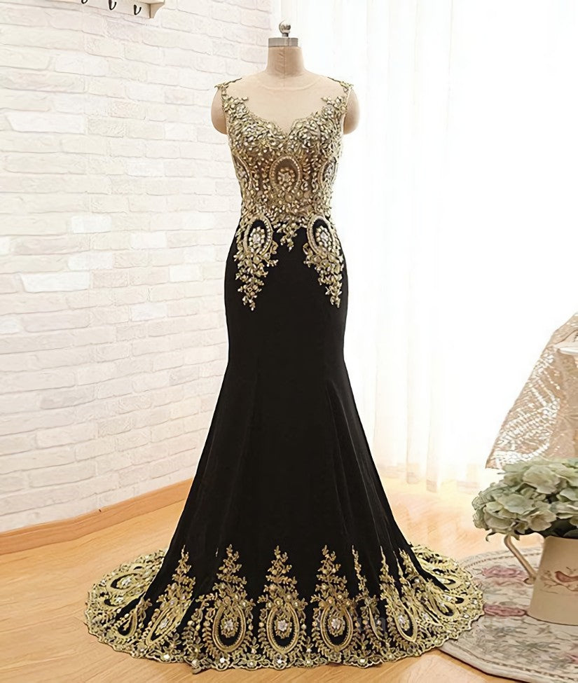 Bridesmaid Dress Color, Round Neck Mermaid Lace Applique Black Prom Dresses, Lace Black Formal Dresses
