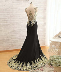 Bridesmaids Dresses Colors, Round Neck Mermaid Lace Applique Black Prom Dresses, Lace Black Formal Dresses