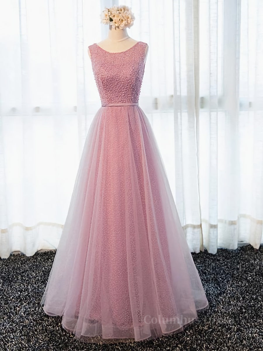 Party Dress Renswoude, Round Neck Pink Beaded Long Prom Dresses, Pink Long Formal Evening Dresses