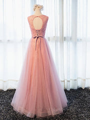 Party Dress Cocktail, Round Neck Pink Beaded Long Prom Dresses, Pink Long Formal Evening Dresses