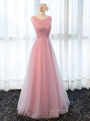 Party Dress Top, Round Neck Pink Beaded Long Prom Dresses, Pink Long Formal Evening Dresses