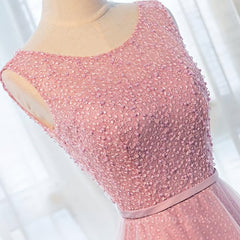 Party Dress New Look, Round Neck Pink Beaded Long Prom Dresses, Pink Long Formal Evening Dresses
