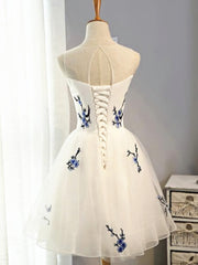 Formal Dressed Long Gowns, Round Neck Short White Prom Dresses, Short White Floral Graduation Homecoming Dresses