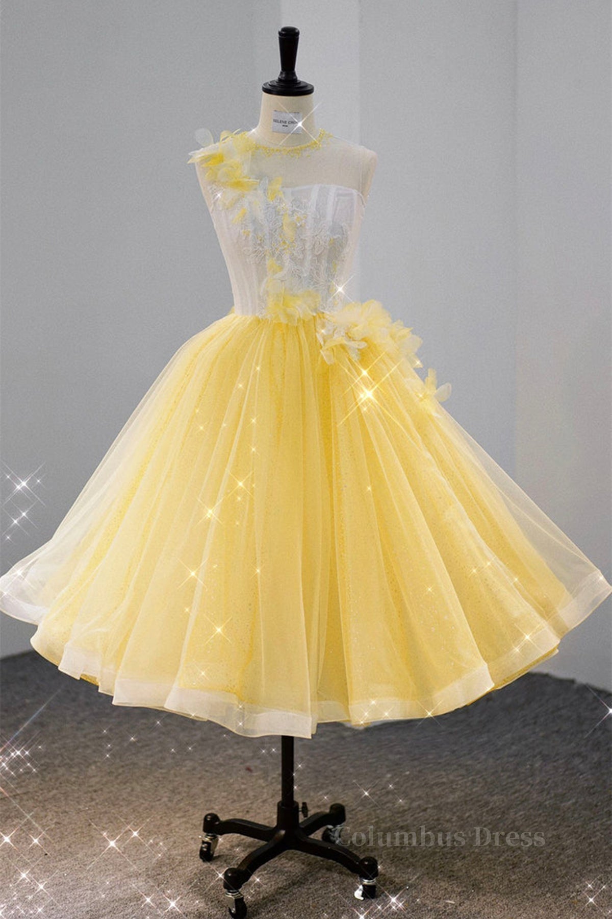 Bridesmaides Dresses Blue, Round Neck Yellow Lace Tulle Prom Dress, Yellow Lace Short Homecoming Dress, Yellow Formal Graduation Evening Dress