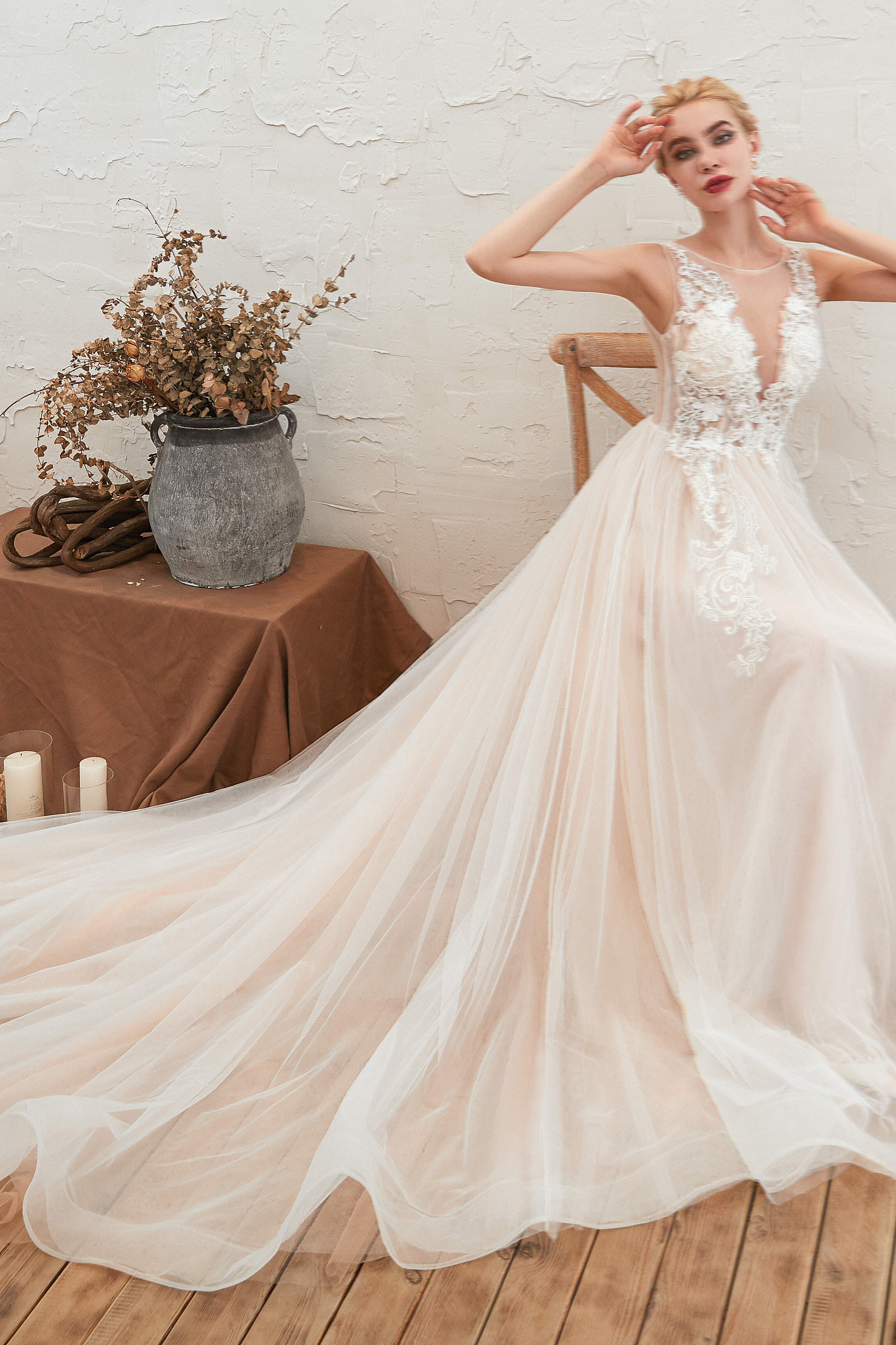 Wedding Dresses Train, Round Neckline Sleeveless A-line Lace Up Sweep Train Lace Appliques Wedding Dresses