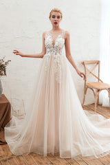 Wedding Dress Boutiques Near Me, Round Neckline Sleeveless A-line Lace Up Sweep Train Lace Appliques Wedding Dresses