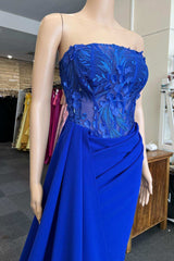 Party Dresses On Sale, Royal Blue Appliques Strapless Long Formal Gown with Attached Train
