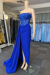 Party Dress On Sale, Royal Blue Appliques Strapless Long Formal Gown with Attached Train