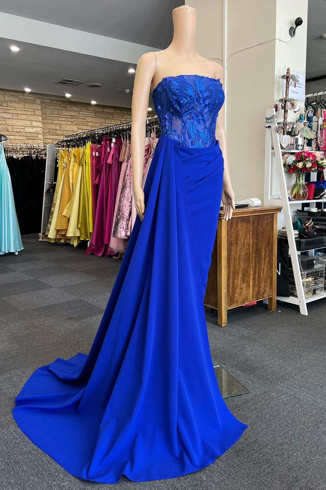 Party Dress Store, Royal Blue Appliques Strapless Long Formal Gown with Attached Train