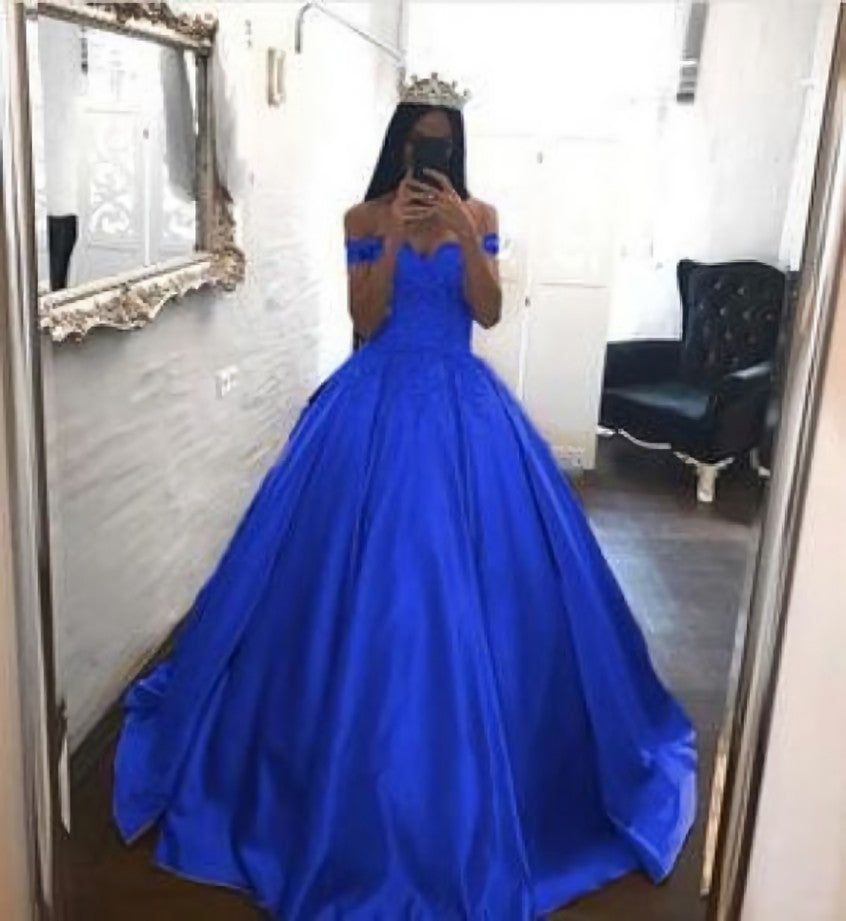 Orange Dress, Royal Blue Prom Dresses Satin,Off the Shoulder Appliqued Quinceanera Dresses Sweep Train