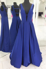 Bridesmaid Dress Online, Royal Blue Satin Prom Gowns with Deep V-neckline,Formal Dresses