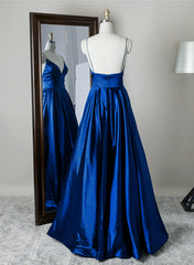 Bridesmaids Dresses White, Royal Blue Satin Straps V-neckline Long Formal Dress, Royal Blue Prom Dress Evening Dress