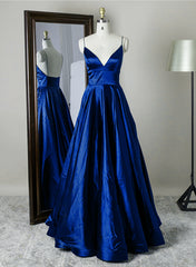 Bridesmaid Dress White, Royal Blue Satin Straps V-neckline Long Formal Dress, Royal Blue Prom Dress Evening Dress