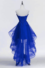 Party Dress Top, Royal Blue Tulle with Lace Applique High Low Party Dress, Blue Homecoming Dress