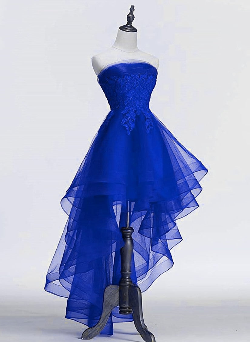Party Dress Cocktail, Royal Blue Tulle with Lace Applique High Low Party Dress, Blue Homecoming Dress