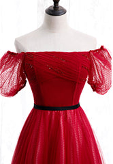 Party Dress Formal, Red Tulle Long Prom Dresses, A-Line Off the Shoulder Evening Dresses