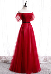 Party Dress Shop Near Me, Red Tulle Long Prom Dresses, A-Line Off the Shoulder Evening Dresses