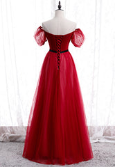 Party Dress Fancy, Red Tulle Long Prom Dresses, A-Line Off the Shoulder Evening Dresses