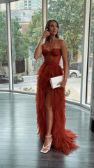 Formal Dresses On Sale, Rust Red Sweetheart High Low Tiered Formal Dress,Tulle Long Evening Prom Dresses