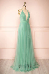 Bridesmaid Dress Color Scheme, Sage Green V-Neck Tulle Long Prom Dress, Simple Backless Evening Dress
