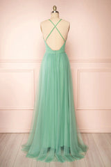 Bridesmaid Dresses Mismatched, Sage Green V-Neck Tulle Long Prom Dress, Simple Backless Evening Dress