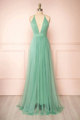 Bridesmaid Dress Colors Scheme, Sage Green V-Neck Tulle Long Prom Dress, Simple Backless Evening Dress