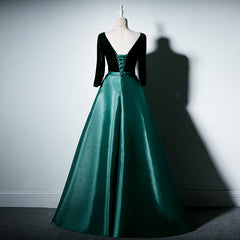 Wedding Party Dress, Satin and Velvet Short Sleeves Prom Dress, A-line Green Party Dress