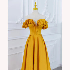 Lace Dress, Satin Dark Yellow Off Shoulder Party Dress, A-line Satin Prom Dress