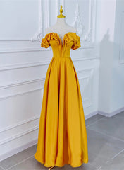 Ranch Dress, Satin Dark Yellow Off Shoulder Party Dress, A-line Satin Prom Dress
