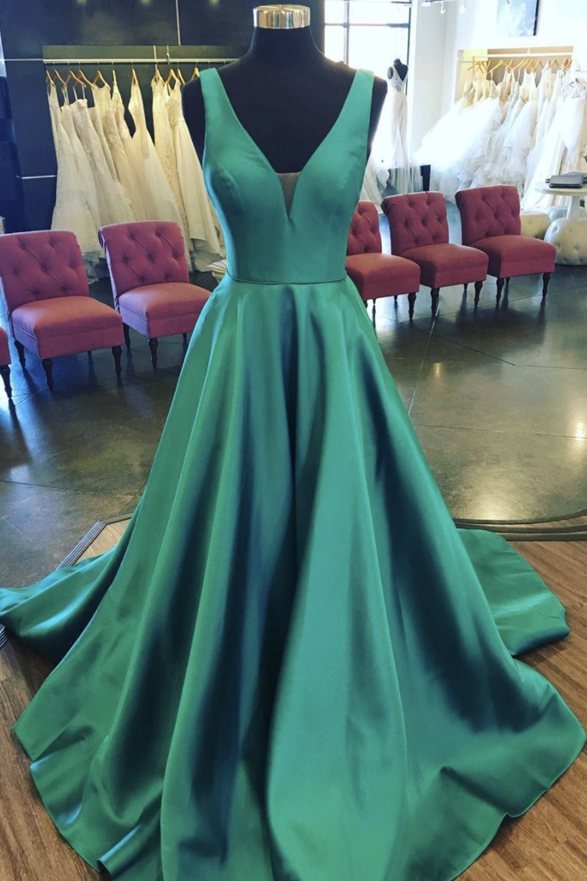 Prom Dresses Emerald Green, Satin Green Prom Dress,Long Evening Dress,Birthday Party Gown Long, V Neck Back to School