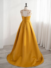 Dream, Scoop Neckline Satin Yellow Long Prom Dresses, Yellow Formal with Beading Sequin