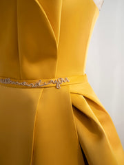 Classy Prom Dress, Scoop Neckline Satin Yellow Long Prom Dresses, Yellow Formal with Beading Sequin