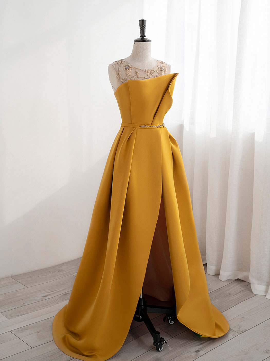 Prom Dress For Kids, Scoop Neckline Satin Yellow Long Prom Dresses, Yellow Formal with Beading Sequin
