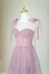 Formal Dresses Modest, Scoop Neckline Tulle Pink Long Prom Dress, Cute A-Line Evening Party Dress