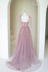 Formal Dress Modest, Scoop Neckline Tulle Pink Long Prom Dress, Cute A-Line Evening Party Dress