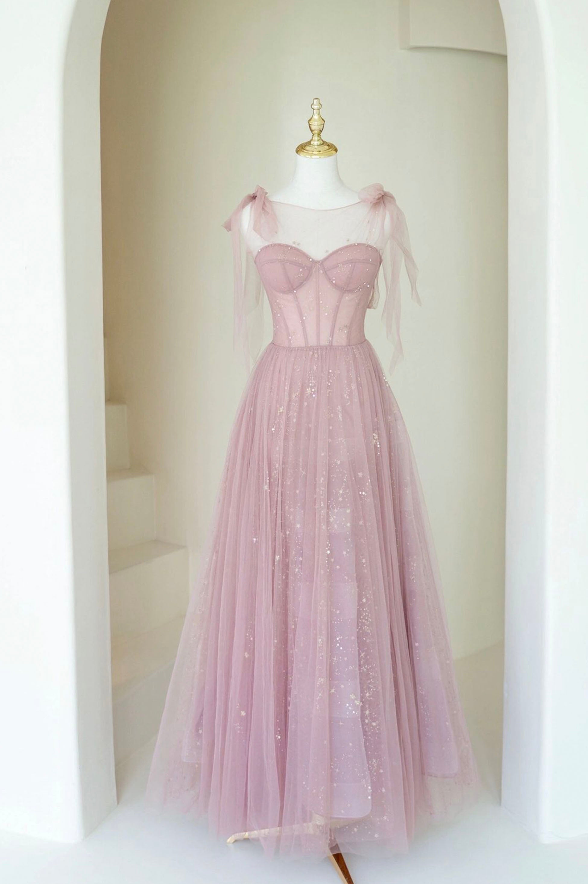 Formal Dress For Beach Wedding, Scoop Neckline Tulle Pink Long Prom Dress, Cute A-Line Evening Party Dress