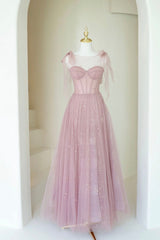 Formal Dress For Beach Wedding, Scoop Neckline Tulle Pink Long Prom Dress, Cute A-Line Evening Party Dress