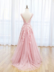 Prom Dresses Black Girl, Scoop Neckline Tulle Pink Long Prom Dress, Pink Backless Evening Dresses