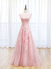 Prom Dresses Yellow, Scoop Neckline Tulle Pink Long Prom Dress, Pink Backless Evening Dresses