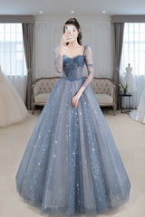 Backless Dress, Blue Sparkly Tulle Prom Dress with Long Sleeves, New Style Long Dress with Beading